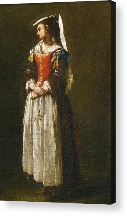 A Young Woman Dressed In Neapolitan Fashion' By Jean Barbault Acrylic Print featuring the painting A Young Woman Dressed in Neapolitan Fashion by MotionAge Designs
