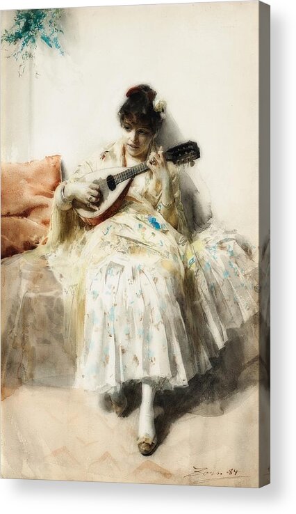 Painting Acrylic Print featuring the painting Girl Playing Mandolin #2 by Mountain Dreams