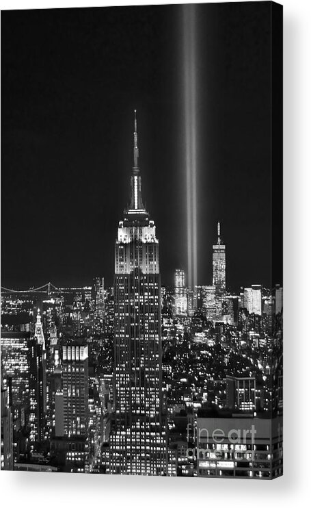New York City Skyline At Night Acrylic Print featuring the photograph New York City Tribute in Lights Empire State Building Manhattan at Night NYC by Jon Holiday