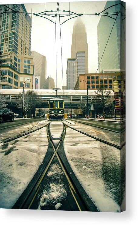 Streetcar Acrylic Print featuring the photograph Streetcar Waiting For Passengers In Snowstrom In Uptown Charlott #3 by Alex Grichenko