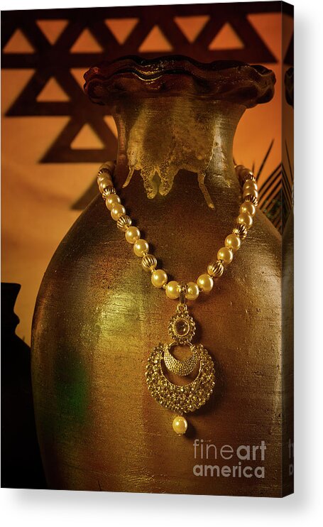 Jewelry Acrylic Print featuring the photograph Antique jewelry set mounted on pot #6 by Kiran Joshi