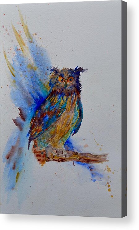 A Blue Mood Owl Acrylic Print featuring the painting A Blue Mood Owl by Beverley Harper Tinsley