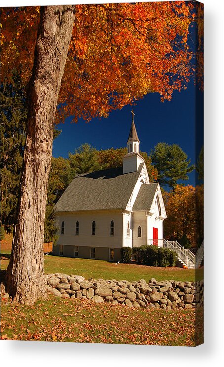 Sharon Acrylic Print featuring the photograph A Chapel in Autimn by James Kirkikis