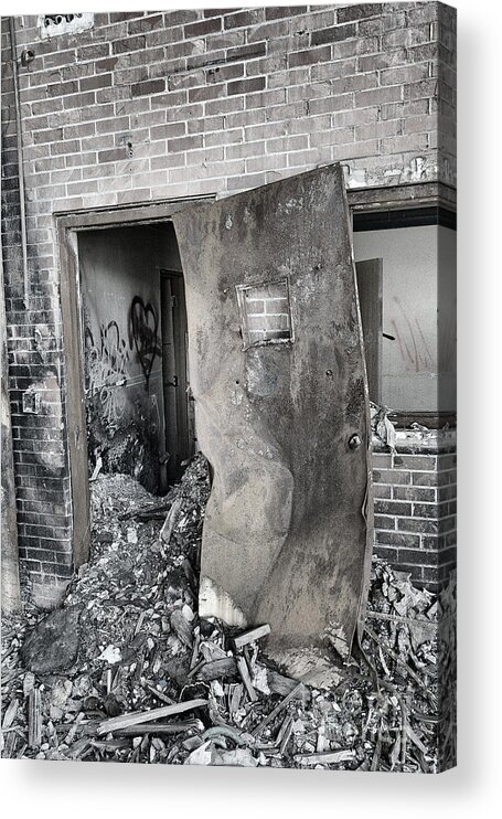 Black White Monochrome Abandoned Factory Abandon Burn Burned Decrepit Door Rubble Destroy Destroyed Acrylic Print featuring the photograph Abandoned Factory No 18 1964 by Ken DePue