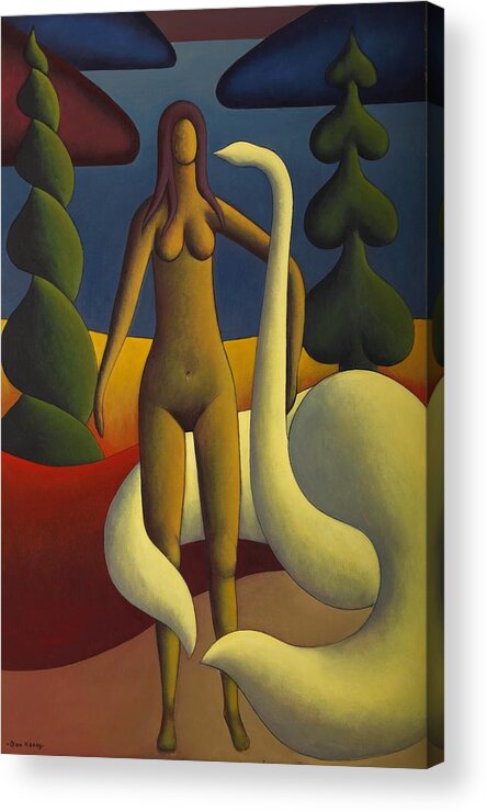 Nude In Landscape By Lake With Swan Acrylic Print featuring the painting Adel with swan by Alan Kenny