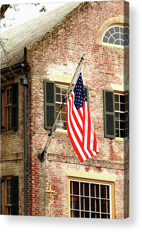 Williamsburg Acrylic Print featuring the photograph American flag in Colonial Williamsburg by Emanuel Tanjala