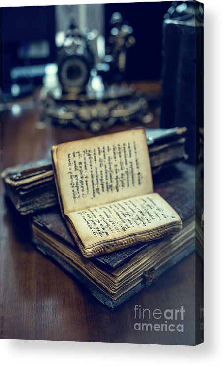Antique books with old cyrillic text lying on a table in a dark library  room Acrylic Print by Dmitrii Telegin - Pixels