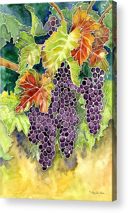 Cabernet Sauvignon Grapes Acrylic Print featuring the painting Autumn Vineyard in its Glory - Batik Style by Audrey Jeanne Roberts