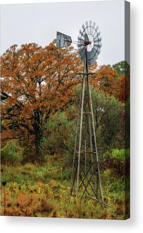 Windmill Oak Autumn Fall Antique Vertical Landscape Scenic Wi Wisconsin Stoughton Acrylic Print featuring the photograph Autumn Windmill by Peter Herman