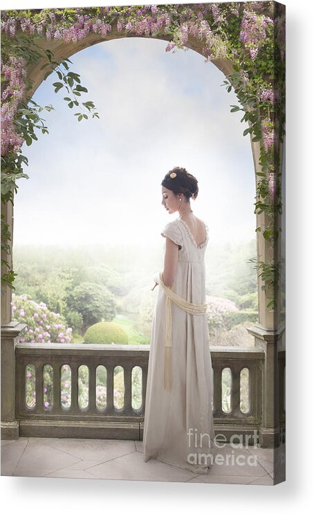 Regency Acrylic Print featuring the photograph Beautiful Regency Woman Beneath A Wisteria Arch by Lee Avison