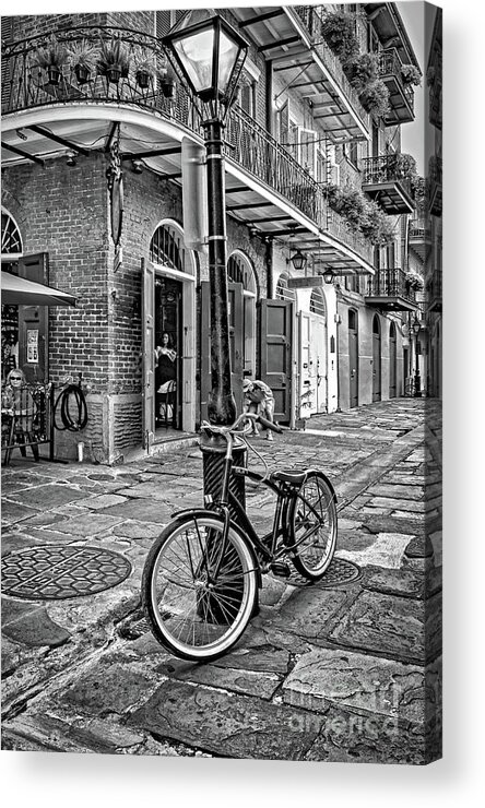 Bike Acrylic Print featuring the photograph Bike and Lamppost in Pirate's Alley- BW by Kathleen K Parker