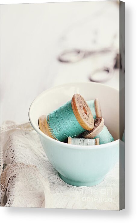 Vintage Acrylic Print featuring the photograph Bowl of Vintage Spools of Thread by Stephanie Frey