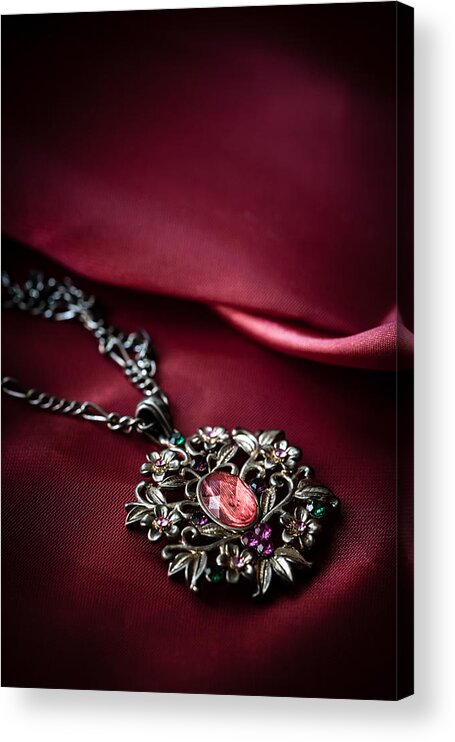 Brass Acrylic Print featuring the photograph Brass pendant with red gem by Jaroslaw Blaminsky