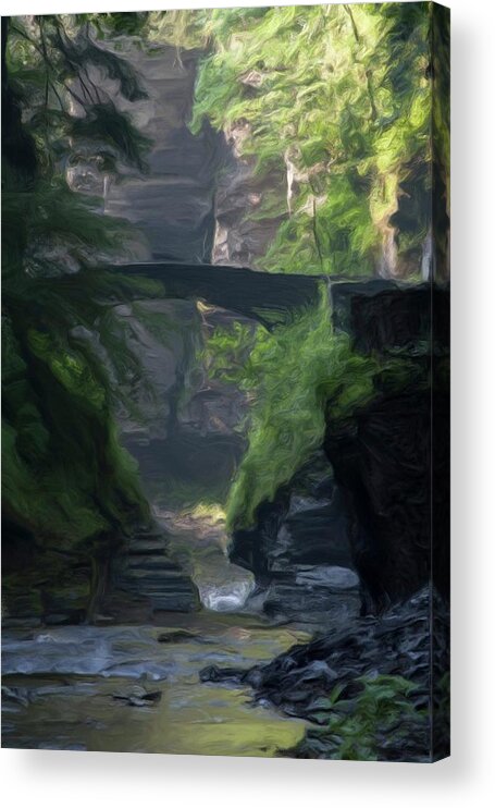 Dawn Acrylic Print featuring the photograph Bridge at Treman Gorge by Monroe Payne