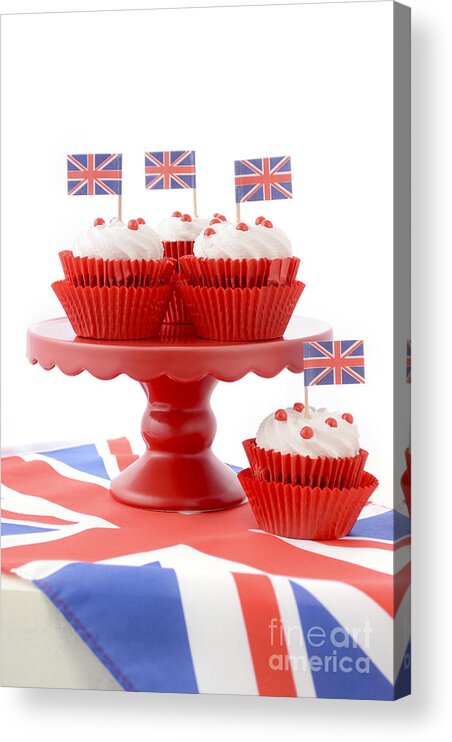 Afternoon Tea Acrylic Print featuring the photograph British Cupcakes with Union Jack Flags by Milleflore Images