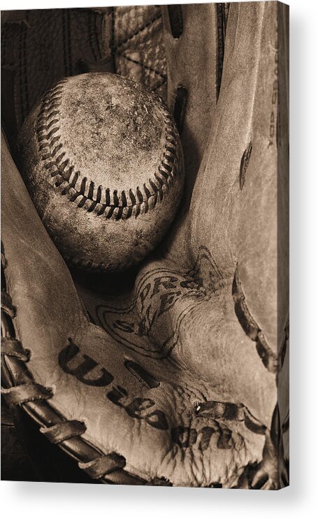 Baseball Acrylic Print featuring the photograph Broken In BW by JC Findley