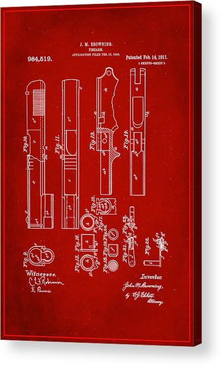 Patent Acrylic Print featuring the mixed media Browning Firearm Patent Drawing 2b by Brian Reaves