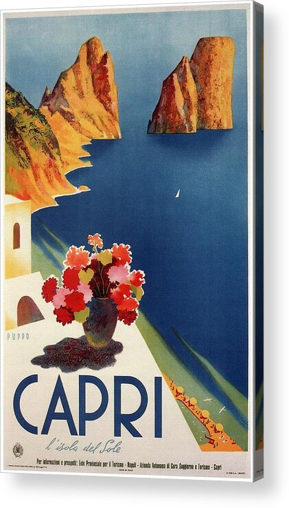Travel Poster Acrylic Print featuring the mixed media Capri Island, Bay of Naples, Italy - Retro travel Poster - Vintage Poster by Studio Grafiikka