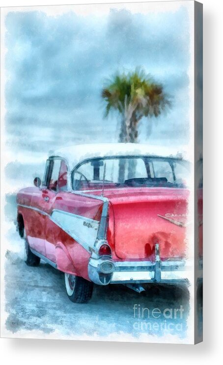 Bel Acrylic Print featuring the painting Chevy Belair at the Beach Watercolor by Edward Fielding