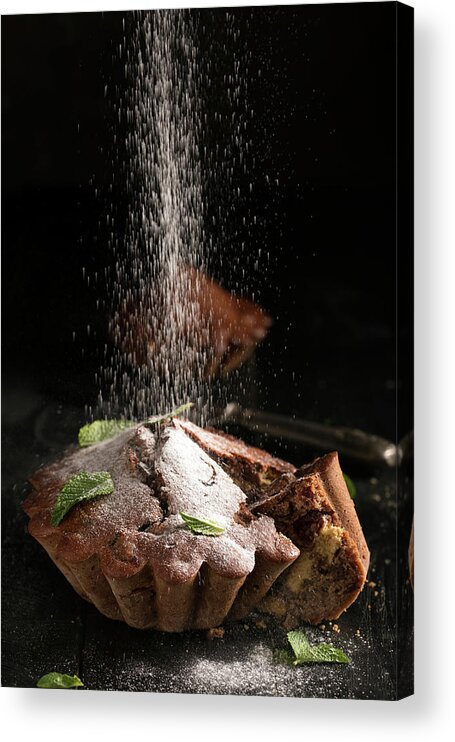 Vadim Goodwill Acrylic Print featuring the photograph Chocolate cake with cherry on wooden table by Vadim Goodwill