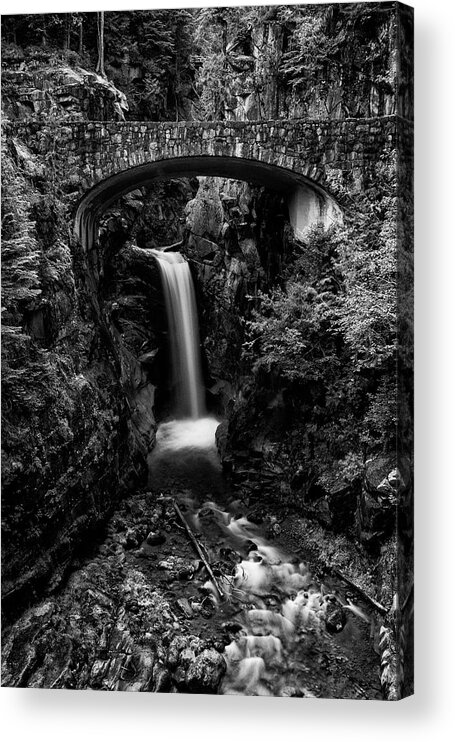 Christine Falls Acrylic Print featuring the photograph Christine Falls - Mount Rainer National Park - bw by Stephen Stookey
