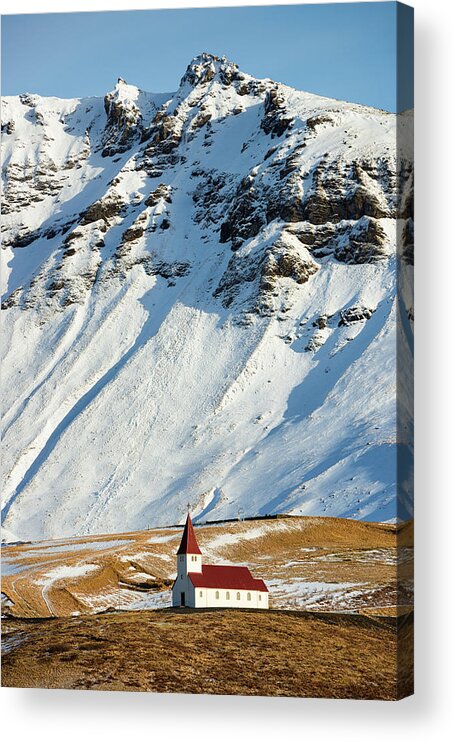 Church Acrylic Print featuring the photograph Church and mountains in winter Vik Iceland by Matthias Hauser