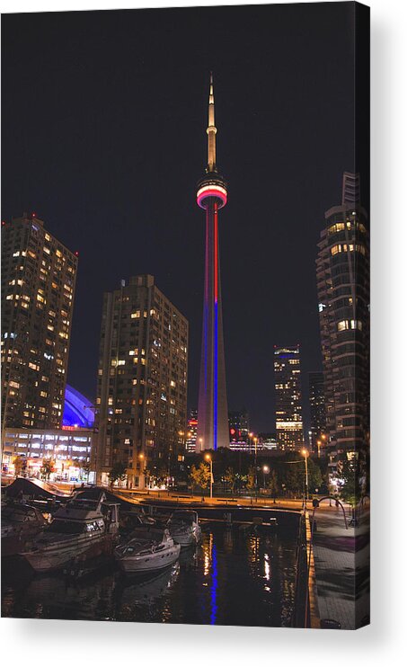 17sep16 Acrylic Print featuring the photograph CN Tower Toronto from Marina at Night by Jeff at JSJ Photography