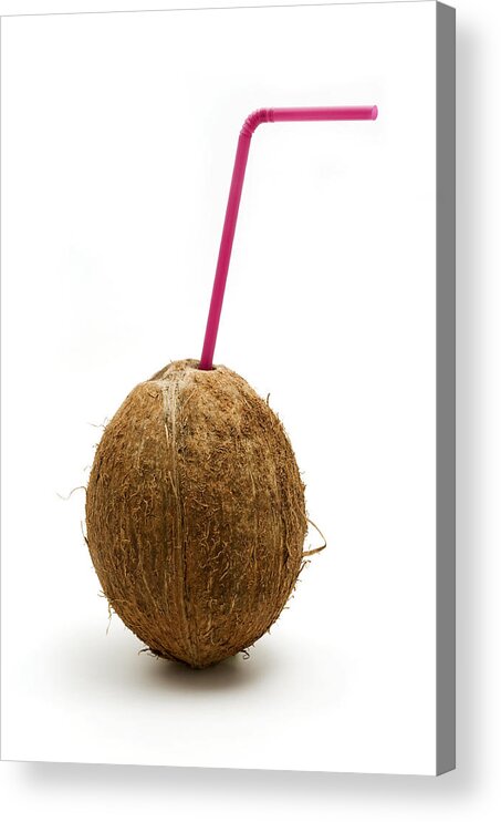 White Background Acrylic Print featuring the photograph Coconut with a straw by Fabrizio Troiani