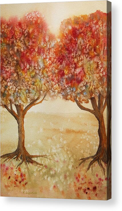 Autumn Trees Acrylic Print featuring the painting Colorful Autumn Twin Trees by Kerri Ligatich