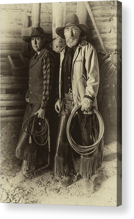 Cowboy Acrylic Print featuring the photograph Cowboy and Cowgirl in Barn by Sam Sherman