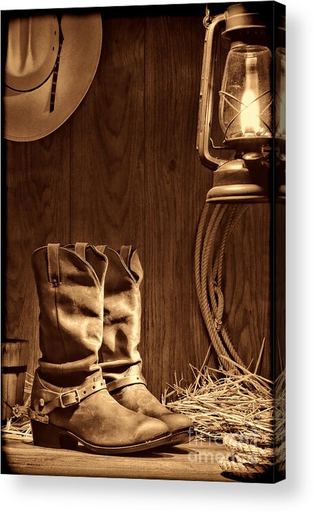 Western Acrylic Print featuring the photograph Cowboy Boots at the Ranch by American West Legend By Olivier Le Queinec
