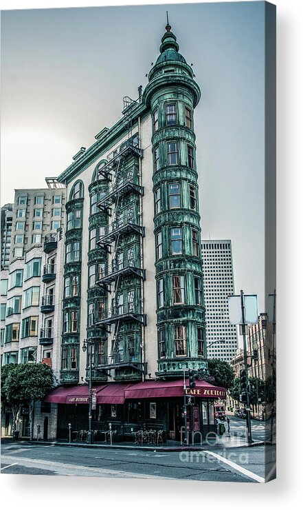 Buildings Acrylic Print featuring the photograph Dez 2016. San Francisco, USA - Old copper-green Columbus tower o by Amanda Mohler