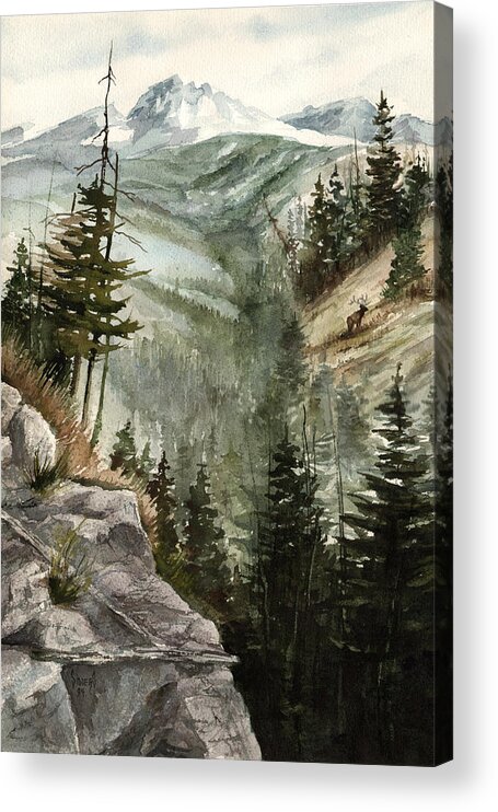 Mountian Elk Landscape Wildlife Trees Acrylic Print featuring the painting Distant Dream by Sam Sidders
