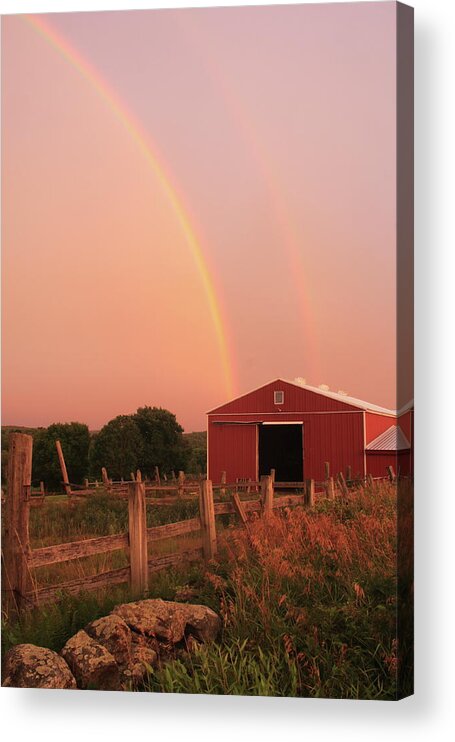 Rainbow Acrylic Print featuring the photograph Double Rainbow over Red Barn by John Burk