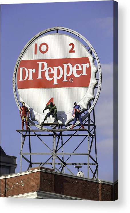 Roanoke Acrylic Print featuring the photograph Dr Pepper and the Avengers by Teresa Mucha