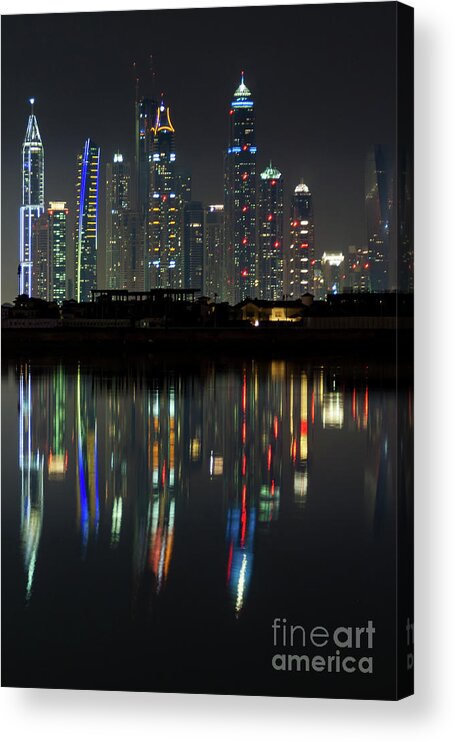 Dubai Acrylic Print featuring the photograph Dubai city skyline nighttime by Andy Myatt