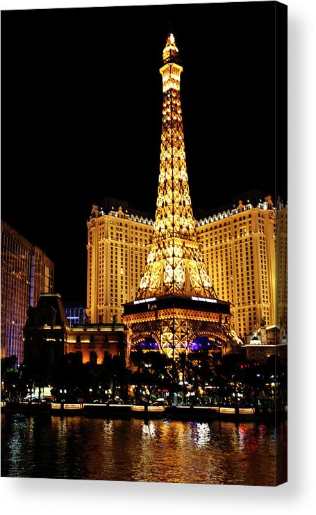 Hotel Acrylic Print featuring the photograph Eiffel Tower at Night Vegas by Marilyn Hunt
