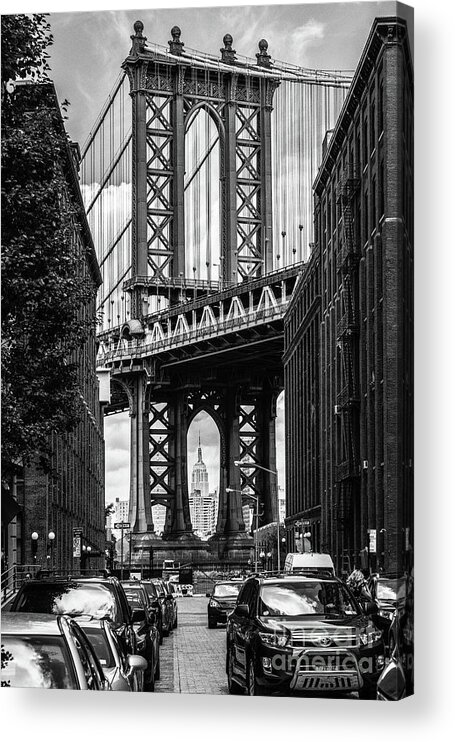 America Acrylic Print featuring the photograph Empire State Building Framed by Manhattan Bridge by Peter Dang