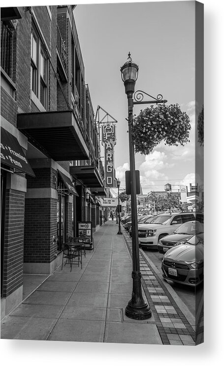 Fargo Acrylic Print featuring the photograph Fargo Sign and Sidewalk Black and White by John McGraw