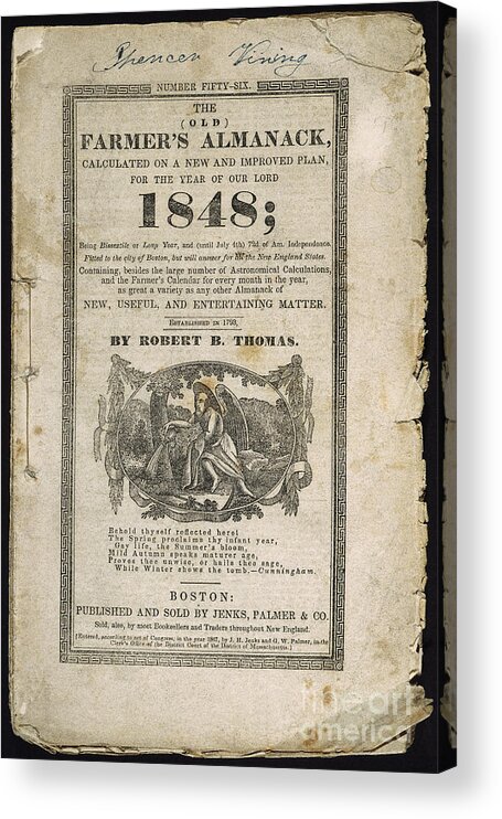 1848 Acrylic Print featuring the photograph Farmers Almanack, 1848 by Granger