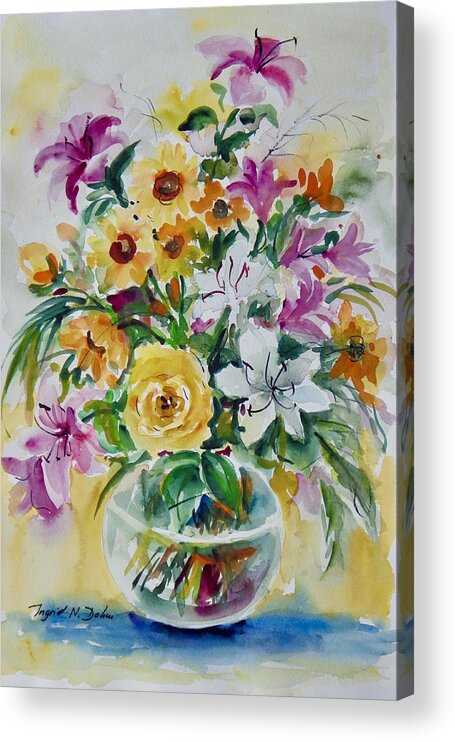 Flowers Acrylic Print featuring the painting Floral Still Life Yellow Rose by Ingrid Dohm