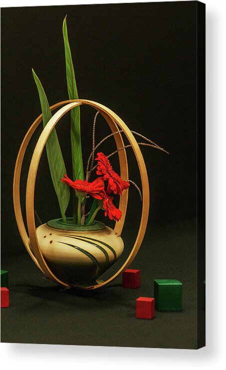Japan Japanese Ikebana Red Leaves Wood Circles Blocks Acrylic Print featuring the photograph Flow ikebana by Carolyn D'Alessandro