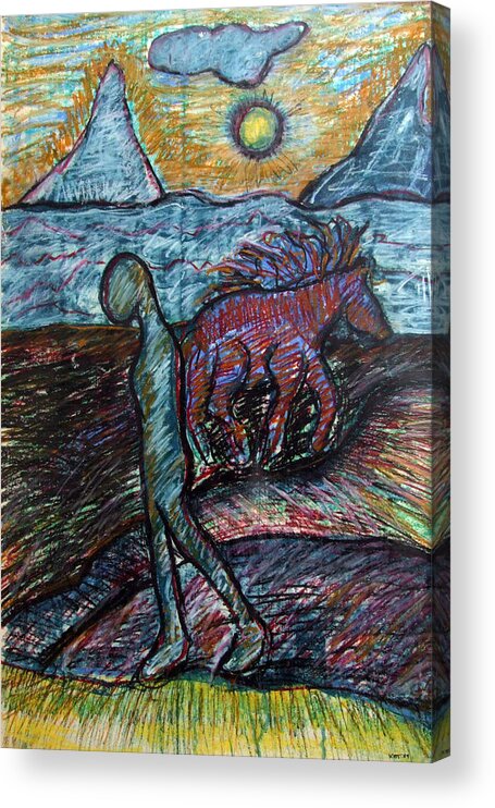 Katt Yanda Original Art Pastel Chalk Drawing Horse Man Walking Foothill Mountains Sun Acrylic Print featuring the pastel Foothills by Katt Yanda