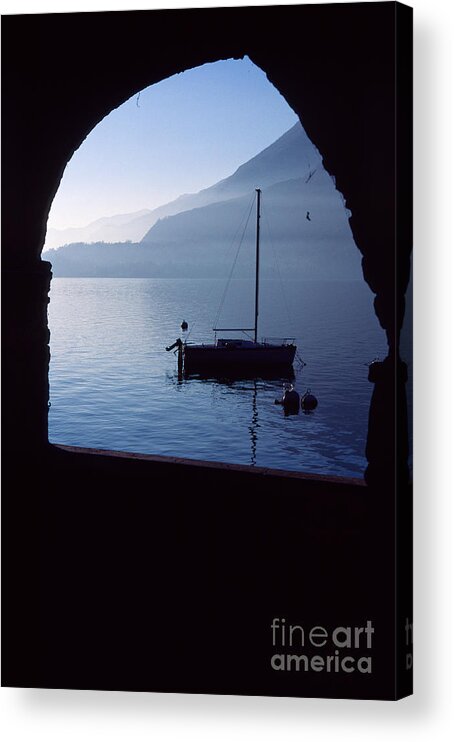 Varenna Acrylic Print featuring the photograph Framed blue lake by Riccardo Mottola