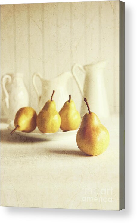 Agriculture Acrylic Print featuring the photograph Fresh pears on old wooden table by Sandra Cunningham