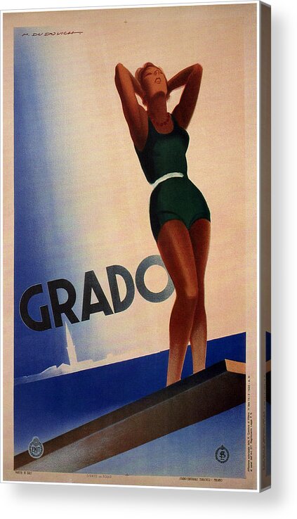Grado Acrylic Print featuring the painting Girl with a tan in dark green swimsuit beside the sea in Grado Italy - Vintage Travel Poster by Studio Grafiikka