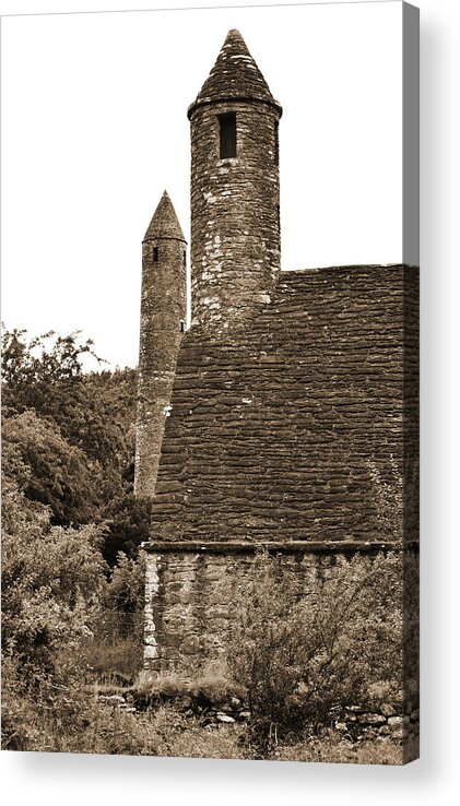 Glendalough Acrylic Print featuring the photograph Glendalough Round Towers and St Kevins Kitchen County Wicklow Ireland Sepia by Shawn O'Brien