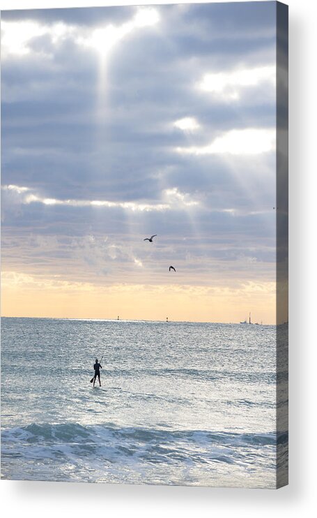Miami Acrylic Print featuring the photograph Going Surfing on Miami Beach Florida Sunrays Sunrise by Toby McGuire