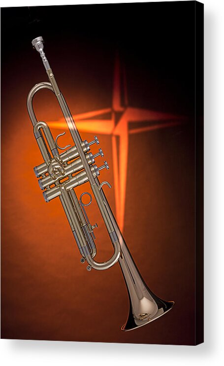 Trumpet Acrylic Print featuring the photograph Gold Trumpet with Cross on Orange by M K Miller