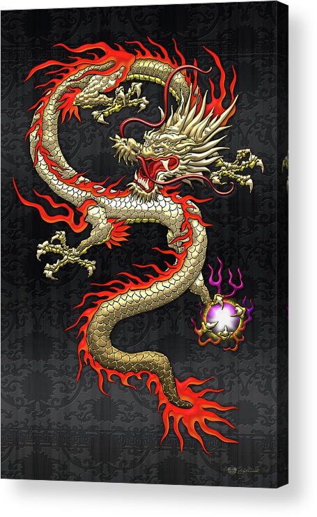 'treasures Of China' Collection By Serge Averbukh Acrylic Print featuring the digital art Golden Chinese Dragon Fucanglong on Black Silk by Serge Averbukh